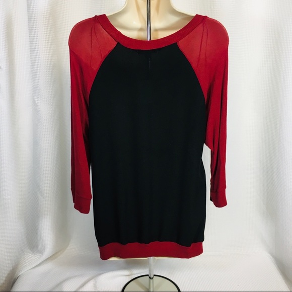 PLEIONE Burgundy Red Front & Black Back Mixed Media Top 3/4 Sleeves - Picture 5 of 9